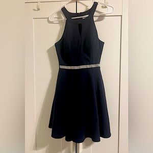 Honey and Rosie Navy Blue Keyhole Rhinestone Waist Crepe Party Dress-Size S